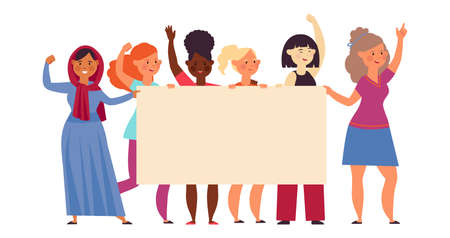 Women demonstration. Femmes protest, different cultural female holding placard. Flat protesting people with blank banner decent vector concept. Illustration demonstration protest femaleのイラスト素材
