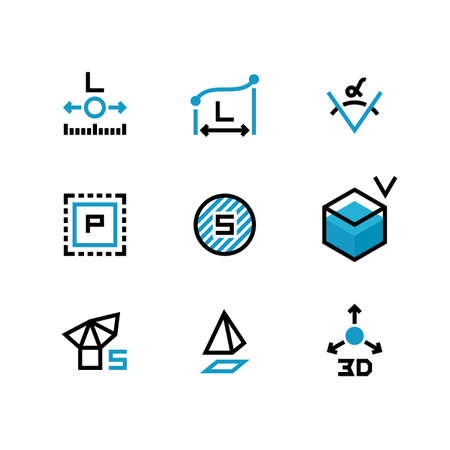 Square area, size, surface areas, 3d dimension, angle and perimeter measuring vector icons isolate. Illustration of symbol acreage, , measurement icon