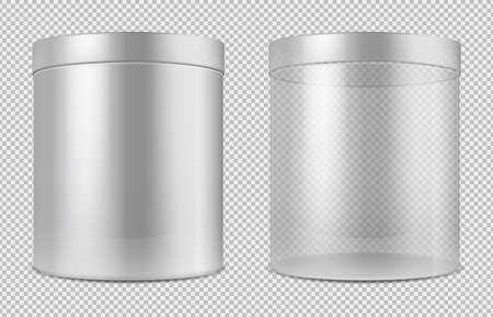 Cylinder empty transparent glass and white cans. Package for food, cookies and gifts vector template isolated. Illustration of cylinder empty and cleanのイラスト素材