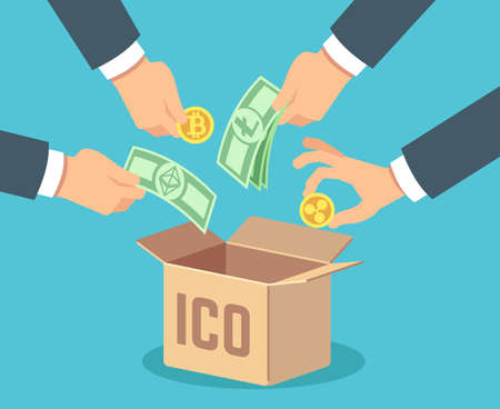 Ico concept. Token bank, blockchain technology, ethereum and bitcoin crowdfunding. Vector background. Crowdsourcing financing crypto moneyのイラスト素材