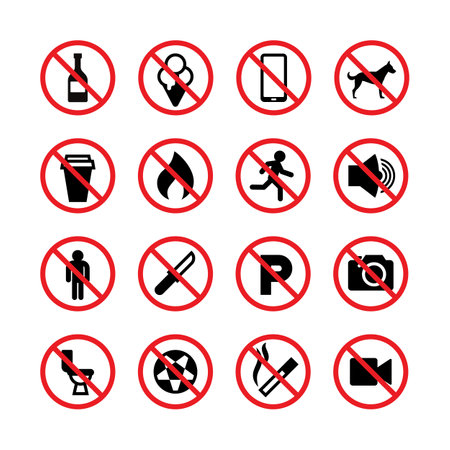 Prohibited signs. Forbidden vector icons. Collection of ban and stop mark illustrationのイラスト素材