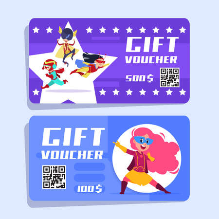 Superhero kids gift voucher. Superheroes children vector banners. Illustration of gift special certificate, offer price couponのイラスト素材