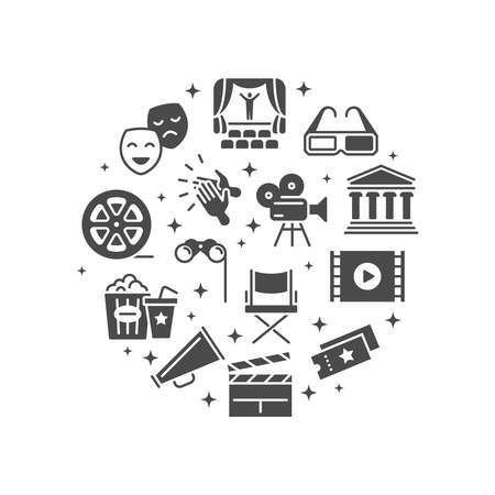 Hollywood movie, theater performance and entertainment round icons concept isolated on white background. Vector illustrationのイラスト素材