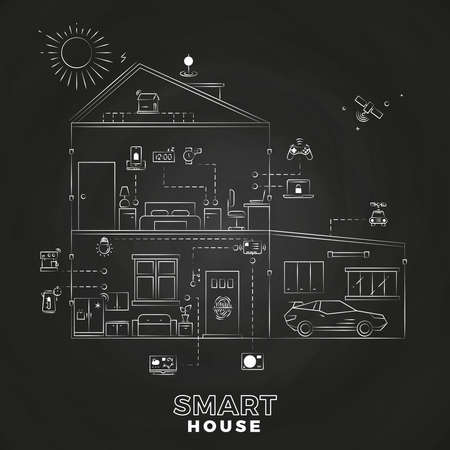 White line smart home technology system outline icons on blackboard. Vector illustrationのイラスト素材