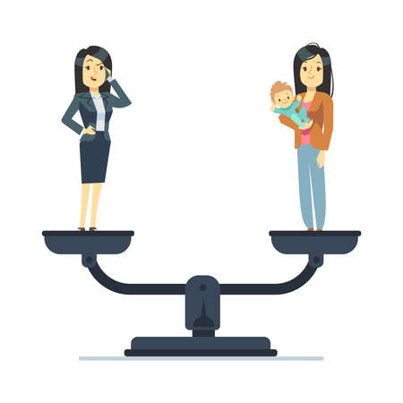 Businesswoman and happy woman kid on scales. Work and life balance business vector concept. Balance business life and family with kid illustrationのイラスト素材
