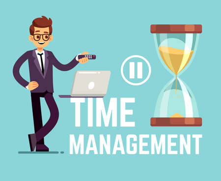 Time management business concept with cartoon businessman and clock. Vector illustration. Time and businessman, hourglass and laptop, control clockのイラスト素材