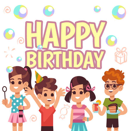 Kids birthday poster. Children on celebration party. Vector invitation background. Happy birthday invitation, greeting teenager illustrationのイラスト素材