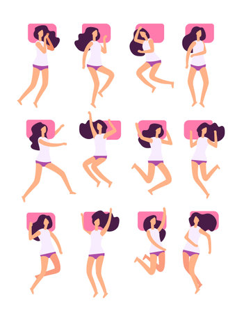 Sleeping poses. Woman sleeps in different postures with pillow. Female slumber lying in bed vector set. Illustration of woman rest position, pose sleepのイラスト素材