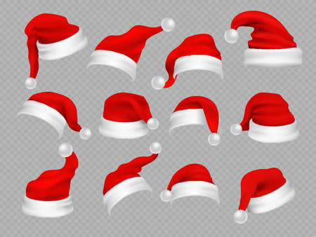 Big set of realistic Santa Hats isolated on transparent background. Vector santa claus hat colllection, holiday cap to xmas illustrationのイラスト素材