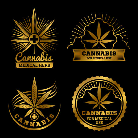 Cannabis banners or labels design. Gold medical icon vector set illustrationのイラスト素材