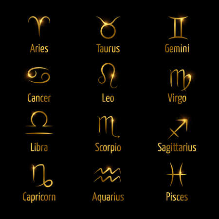 Hand drawn zodiac vector symbols shine gold effect. Astrology zodiac horoscope, virgo and aries, aquarius and gemini illustrationのイラスト素材