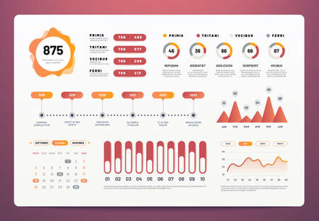 Infographics dashboard. Modern ui with statistics graphs, pie charts, workflow info chart. Website analytics vector template infographic and info-chart, data marketing panel interface illustrationのイラスト素材