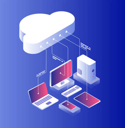 Cloud computing. Information technology with laptop computer and smartphone configuration. Cloud services isometric vector concept. Illustration of computer isometric, database synchronizationのイラスト素材