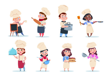 Cook kids. Cartoon chief children preparation meal. Cooking class vector set. Illustration of chief child, kids with foodのイラスト素材
