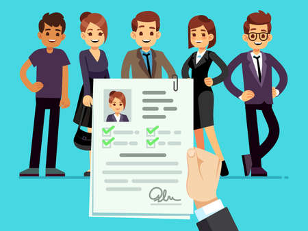 Recruitment. Recruiter choosing candidates with female cv resume vector illustration. Career and...