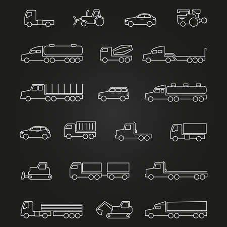 Trucks, cars, construction machines white line icons set isolated on black. Vector illustrationのイラスト素材