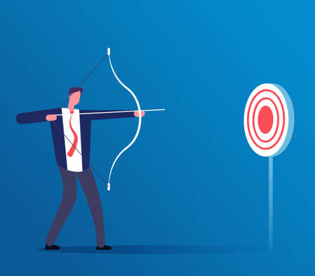 Target business concept. Businessman hitting target with bow and arrow. Challenge and focus manager, reach target vector illustration. Businessman archery, achievement in businessのイラスト素材