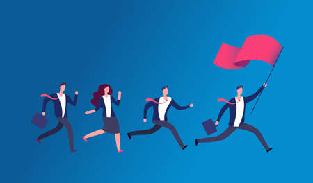People holding flag and running. Business leader leading office team. Leadership vector concept....