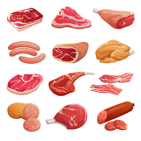 Cartoon meat set. Pork, beef and lamb raw meat products and sausages, jerky vector isolated icons. Illustration of steak pork, meat raw, sausage and baconのイラスト素材