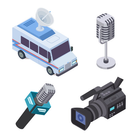 Broadcasting equipment. Television stream electronics, telecommunications 3d isometric vector elements isolated on white illustrationのイラスト素材