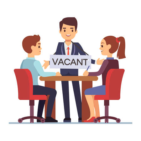 Job interview with hr managements and man with table vacant. Vector illustrationのイラスト素材