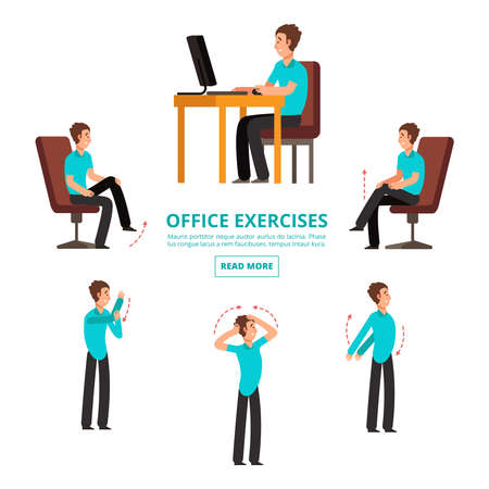 Office exercises info of set vector illustration. Office body exercise, stretching and tension for healthのイラスト素材