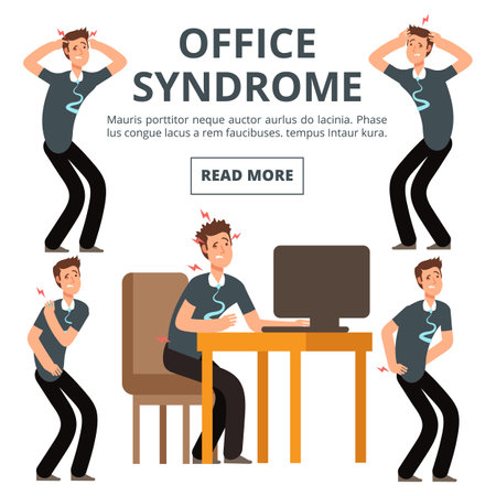 Office syndrome symptoms of set vector illustration. Syndrome body pain exerciseのイラスト素材