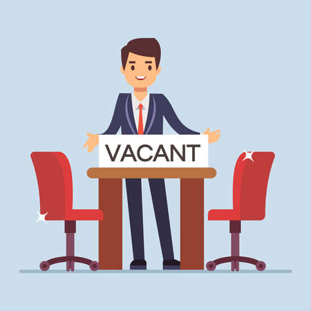 Two empty work chairs. Flat character businessman invites for an interview. Vector illustrationのイラスト素材