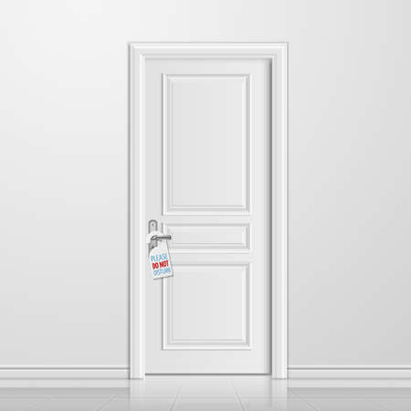Vector realistic closed white entrance door with do not disturb blank. Interior with door illustrationのイラスト素材