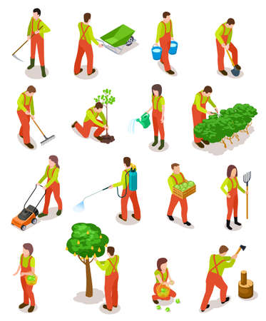 Isometric gardeners. Farmers work in garden. People in farming rural scene with trees and plants. 3d vector characters isolated. Illustration of plant isometric, work and farmingのイラスト素材