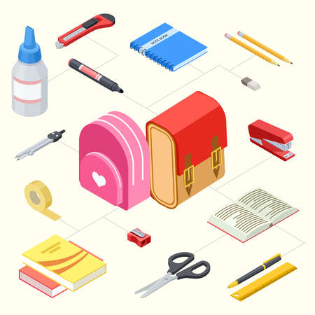 Vector illustration of isometric stationeries and school backpacks. Stationery collection marker and compasses, stapler and pencilのイラスト素材