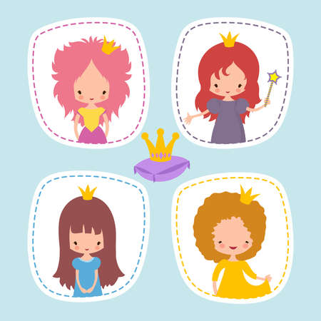 Cute little princess stikers or avatars vector set. Illustration of princess girl character with crownのイラスト素材
