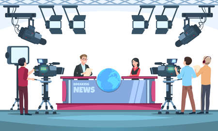 News tv show studio. Presenters broadcasting with cameraman on television. People talking to camera in studio. Vector illustration. Cameraman team , news studio televisionのイラスト素材