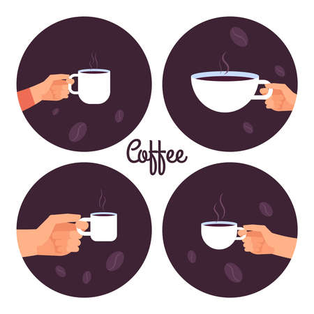 Hands holding cups of coffee vector icons set isolated on white background illustrationのイラスト素材