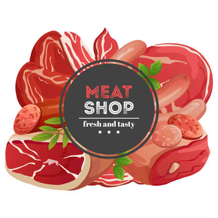 Meat shop emblem design with different meat products vector illustration isolated on white backgroundのイラスト素材