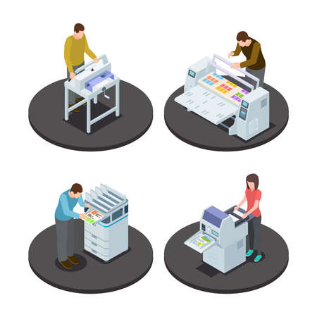 Isometric printing house icons concept with digital rotary large format and offset production types vector illustration. Isometric equipment print industryのイラスト素材