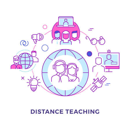 Distance teaching outline a flat vector concept isolated on white. Illustration of training distance online, education and teachingのイラスト素材