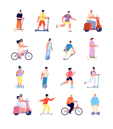 Cartoon people ride. Man on bicycle, urban activity. Isolated person riding bike, sport travellers on electric motorbike vector characters. Bicycle people, sport cyclist and cycling transportationのイラスト素材