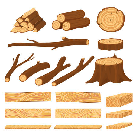 Cartoon timber. Pine wood timbers, planks stacks and old firewood objects. Lumbers pile, forest stumps and log tree trunks recent vector set. Forest rough and log material, oak pileのイラスト素材