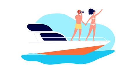 Sea travel. Romantic date on yacht, couple ocean tour. Woman man characters on boat in water, happy vacation vector illustration. Yachting summertime, exotic voyage and tourismのイラスト素材