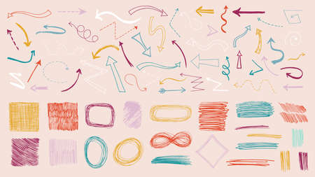 Colorful doodle arrows. Colored arrow, sketch ink textures design. Grunge pencil, bending twist marks. Decorative scribble vector collection. Pointer direction, pencil drawing scribble sketchyのイラスト素材