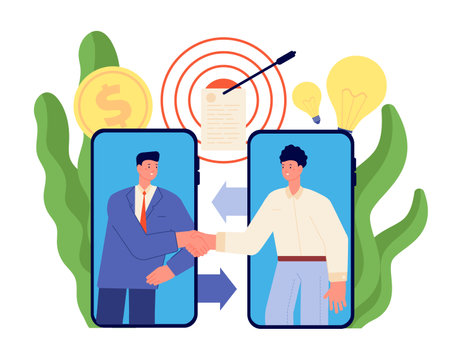 Online agreement. Cartoon business partners, handshake technological communication. Web deal collaboration, relationship vector. Illustration businessman partnership, handshake and communicationのイラスト素材