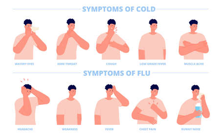 Cold or flu symptoms. Sick symptom, man ill influenza. Guy has fever cough headache. Cartoon allergy...