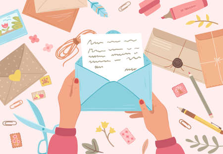 Hands holding envelope. Prepare future letters, postal papers. Self writing messaging, write postcard message cartoon exact vector concept. Communication mail, composition notepad and postcardのイラスト素材
