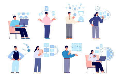 Successful time management. Productivity, organization times set. Calendar on workflow, success employee. Business schedule utter vector concept. Illustration time management and calendarのイラスト素材