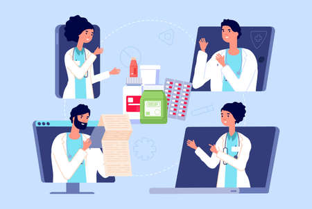 Doctors video call. Online doctor conference about medications. Medical staff in gadgets and drugs. Telemedicine, healthcare web meeting vector. Medical conference, doctor give diagnosis illustrationのイラスト素材