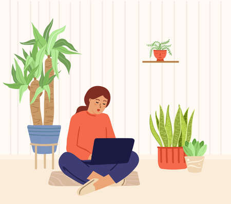 Girl working at home garden. Urban jungle scandinavian interior. Plants and girl with laptop. Freelancer chatting in computer at house vector concept. Illustration woman at home with houseplantのイラスト素材