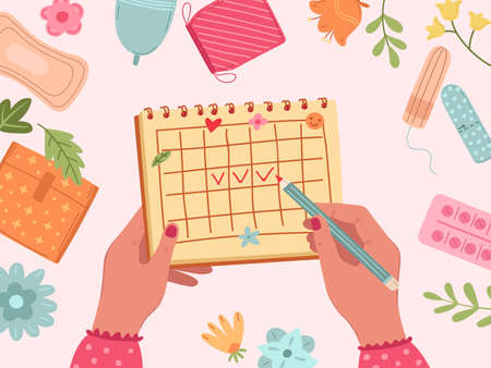 Menstruation period. Female menstrual cycle, calendar of woman health. Vaginal sanitary elements, cartoon girls hygiene exact vector background. Illustration female menstruation, woman period calendarのイラスト素材
