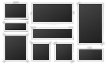 Square photo frames. Photos framing, frame photography template. Realistic digital blank image on tape pieces, isolated cards recent vector set. Illustration photo picture, square template designのイラスト素材