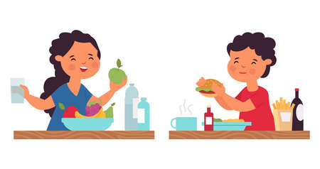 Boy girl eating. Person eat, healthy breakfast. Cartoon kids on lunch or dinner. Child with fruits and fast food, baby drink water vector concept. Gir and boy lunch breakfast, fast food and healthyのイラスト素材
